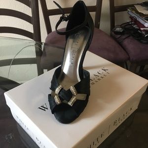 Black Open toed heels with pearl accent